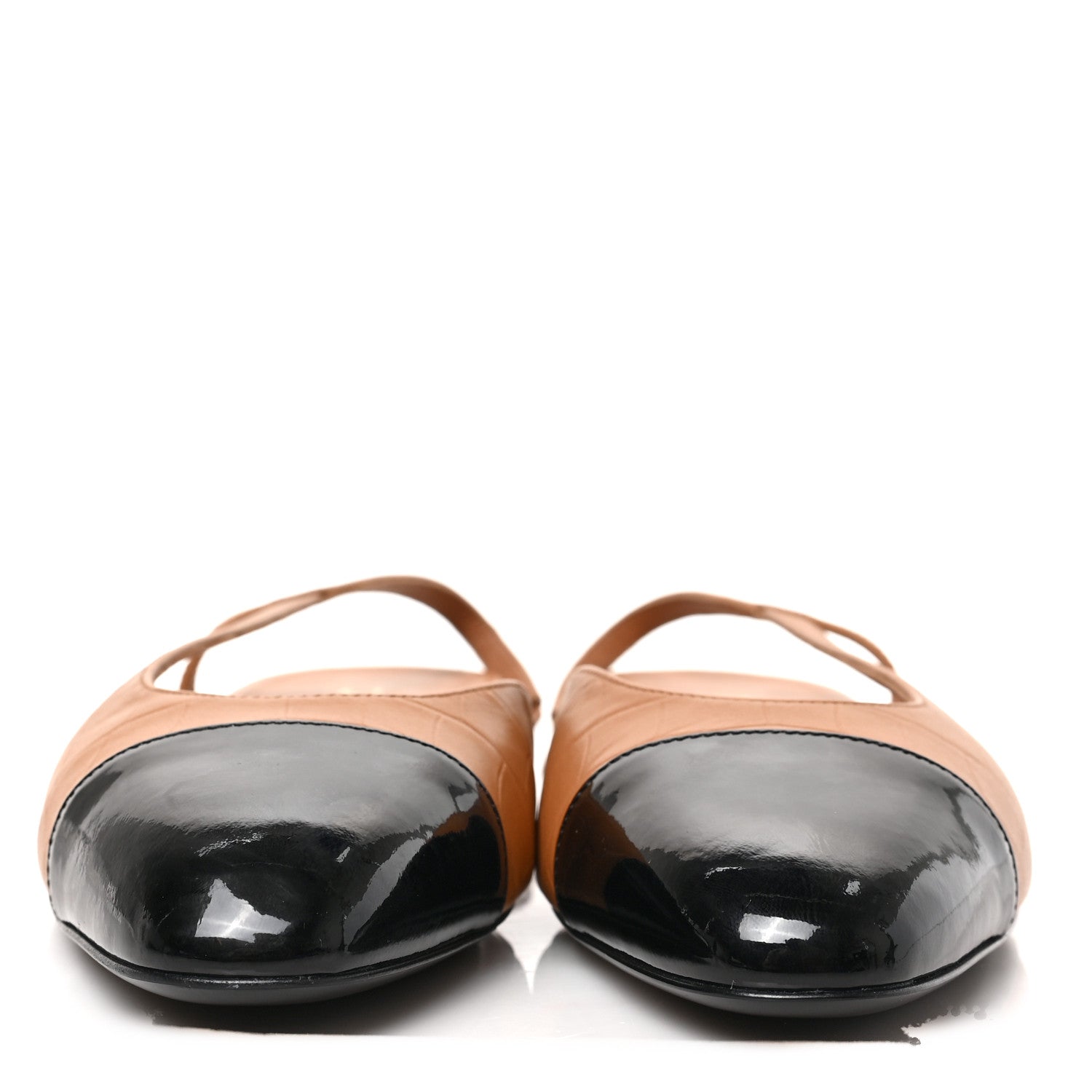 Chanel Calfskin Crocodile Embossed Patent Cap Toe CC Slingback Flats 41 Brown Black 2 of 8