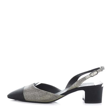 Chanel Glitter Grosgrain Cap Toe CC Slingback Pumps 40 Silver Black 1 of 10
