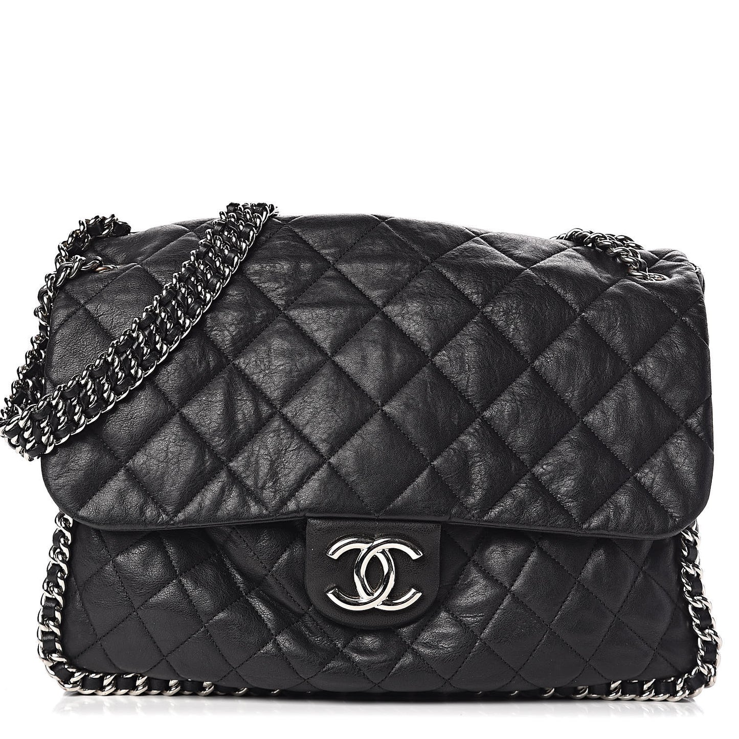 Washed Lambskin Quilted Maxi Chain Around Flap Black