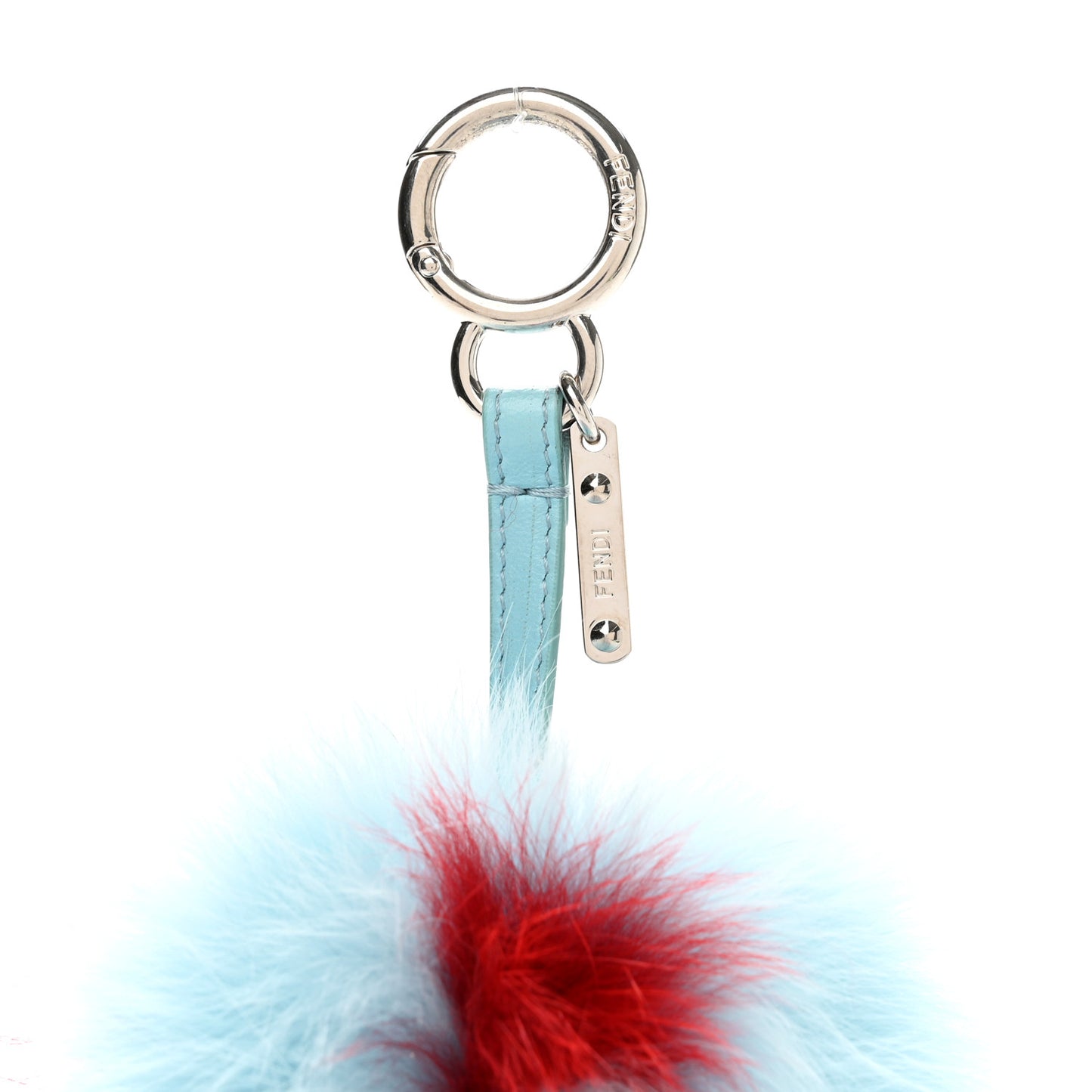 Fox Fur Polka Dot Pom Pom Bag Charm Light Blue Red