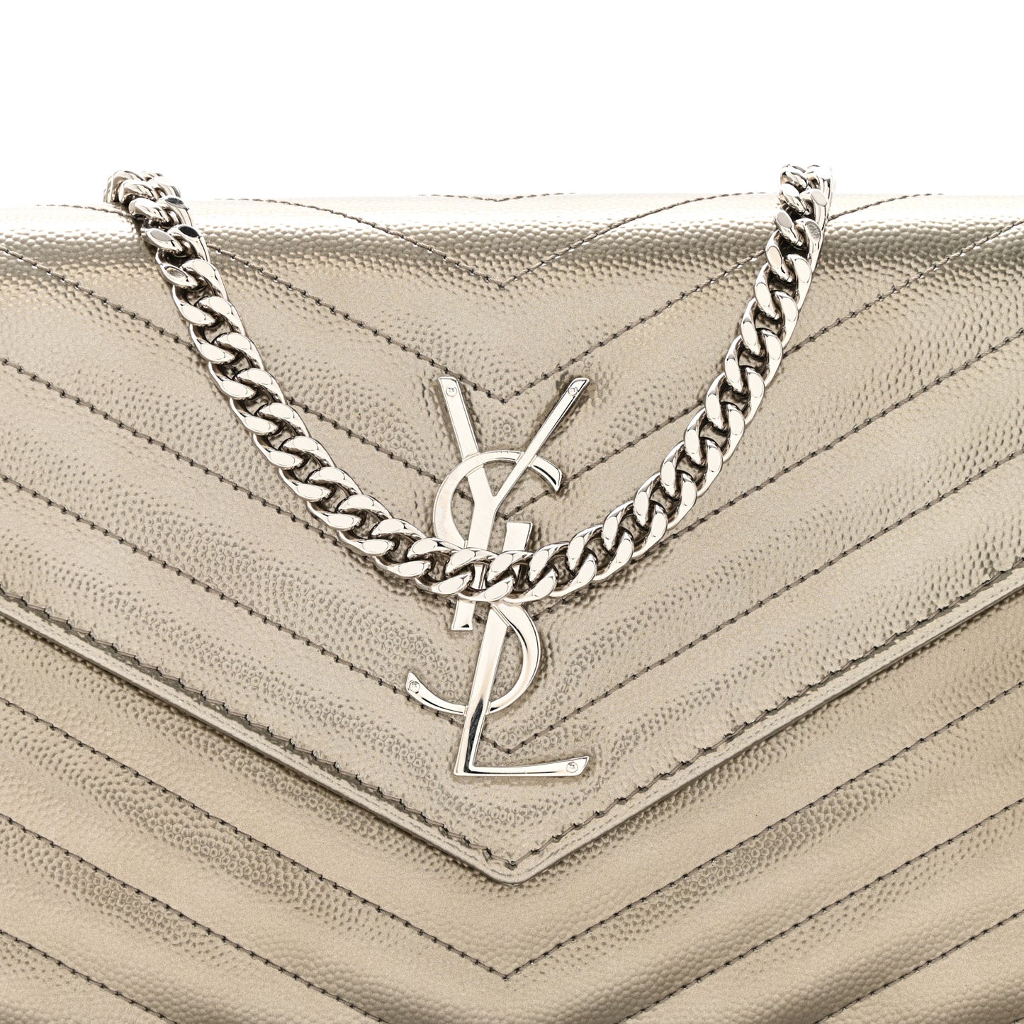 Metallic Grain De Poudre Matelasse Chevron Monogram Chain Wallet Piombo