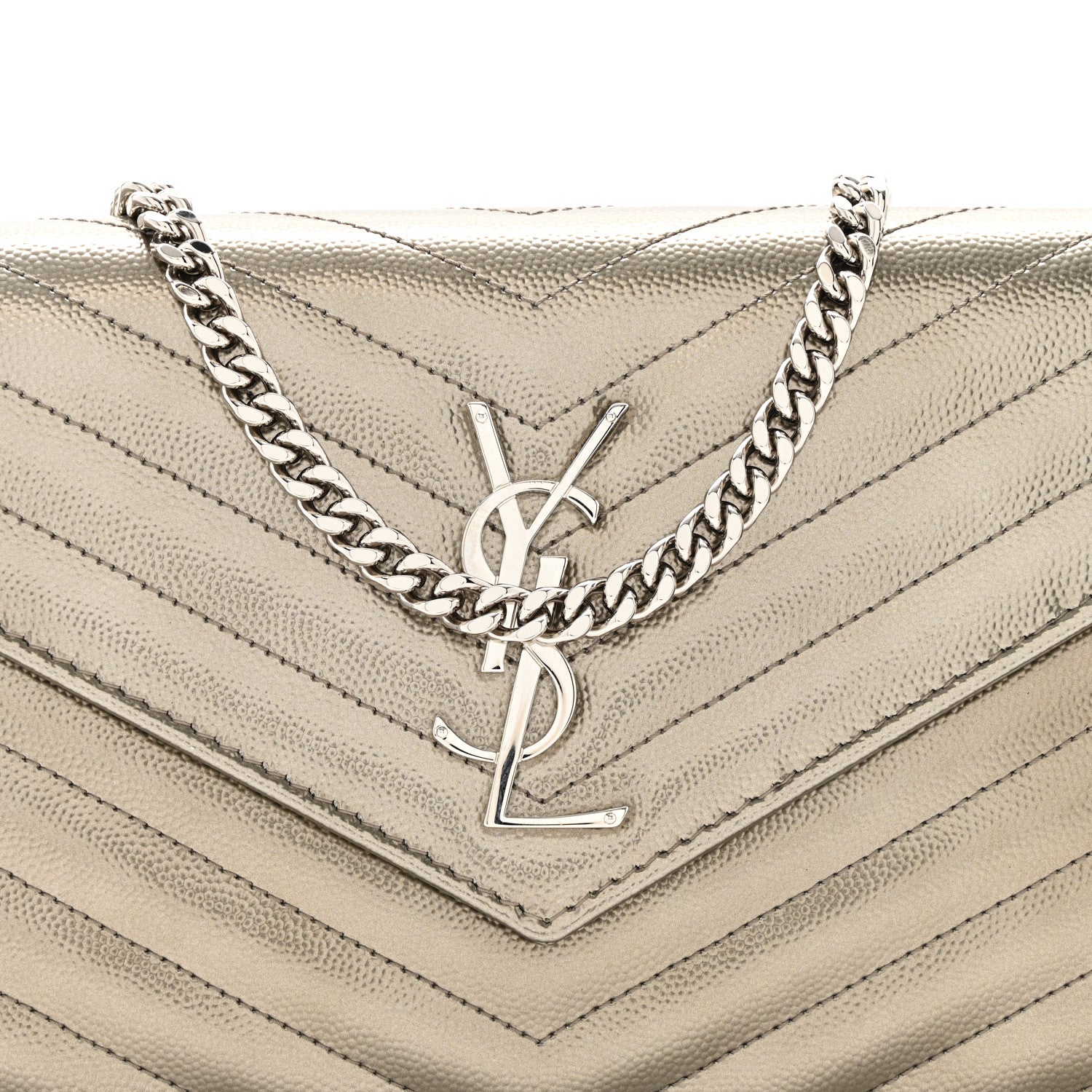 Saint Laurent Metallic Grain De Poudre Matelasse Chevron Monogram Chain Wallet Piombo 10 of 15