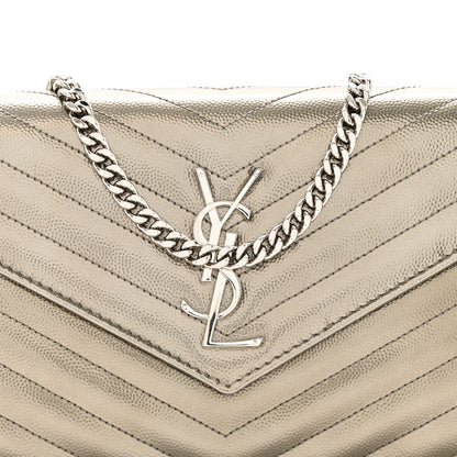 Saint Laurent Metallic Grain De Poudre Matelasse Chevron Monogram Chain Wallet Piombo 10 of 15