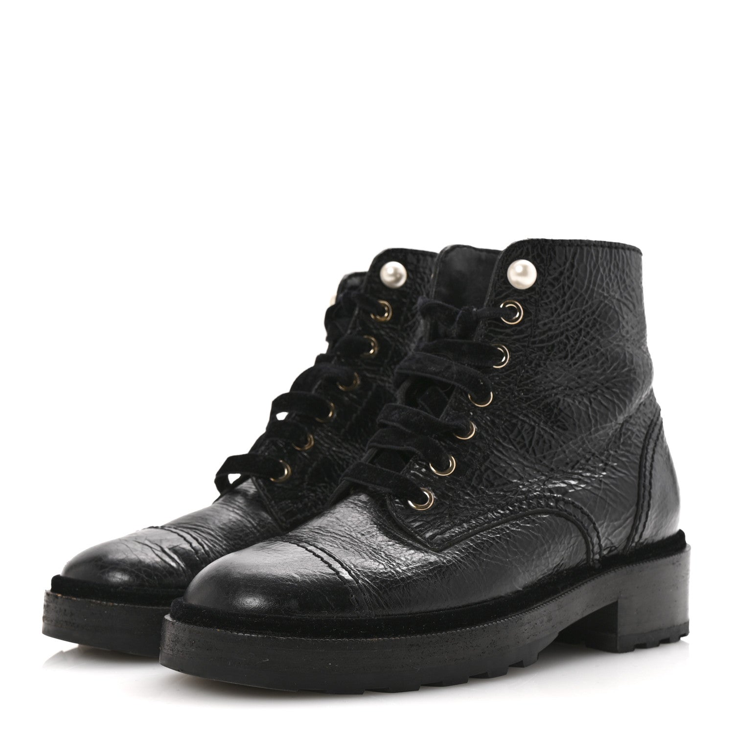 Chanel Shiny Calfskin Velvet Pearl Combat Short Boots 36 Black