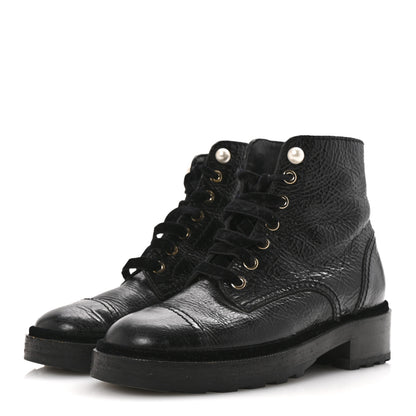 Chanel Shiny Calfskin Velvet Pearl Combat Short Boots 36 Black 4 of 12