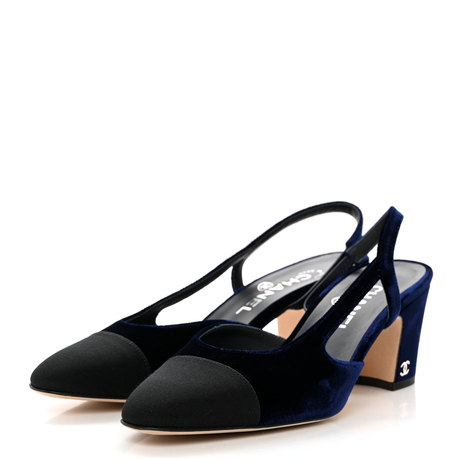 Chanel Velour Grosgrain Cap Toe CC Slingback Pumps 37.5 Blue Black 3 of 10