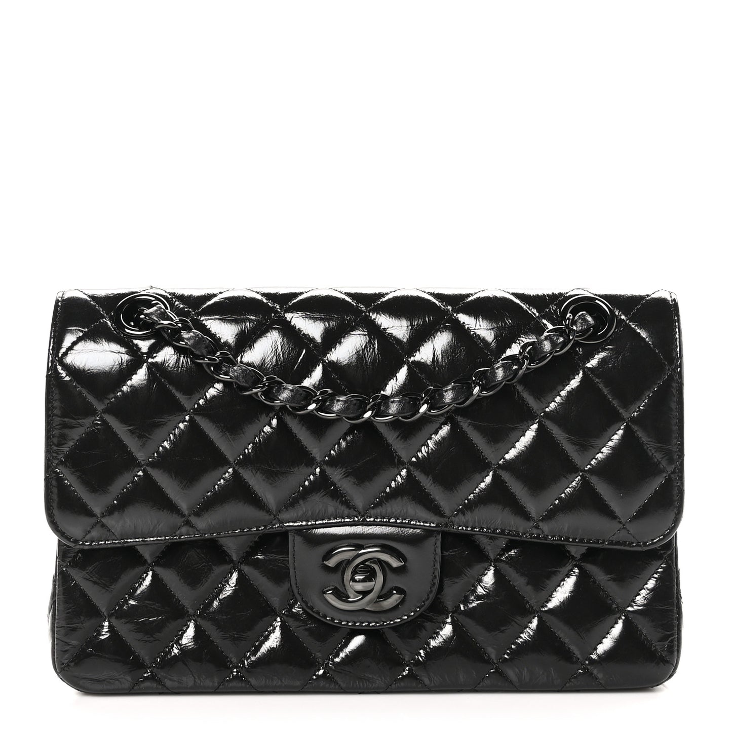 Shiny Crumpled Calfskin Quilted Small Double Flap So Black
