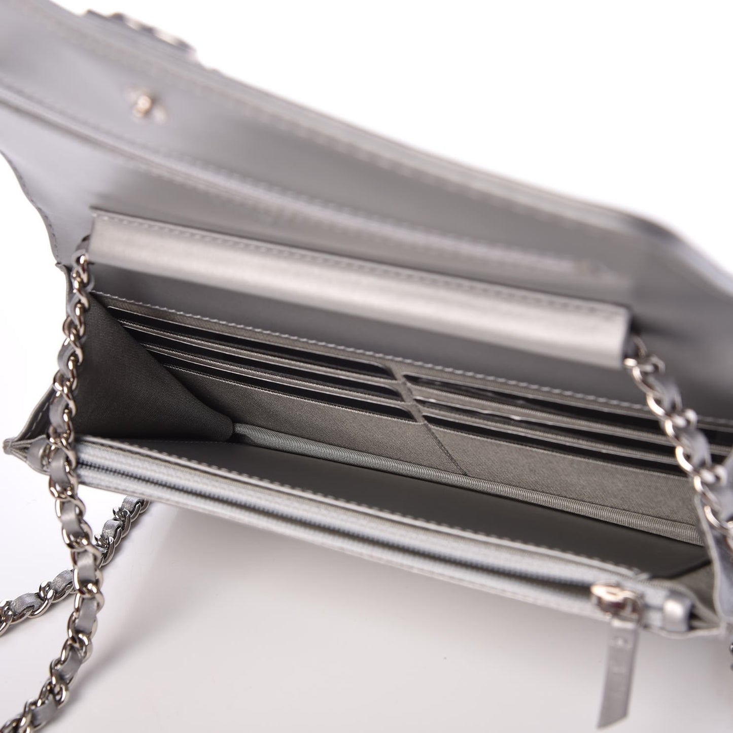Metallic Aged Calfskin Quilted Boy Wallet On Chain WOC Silver