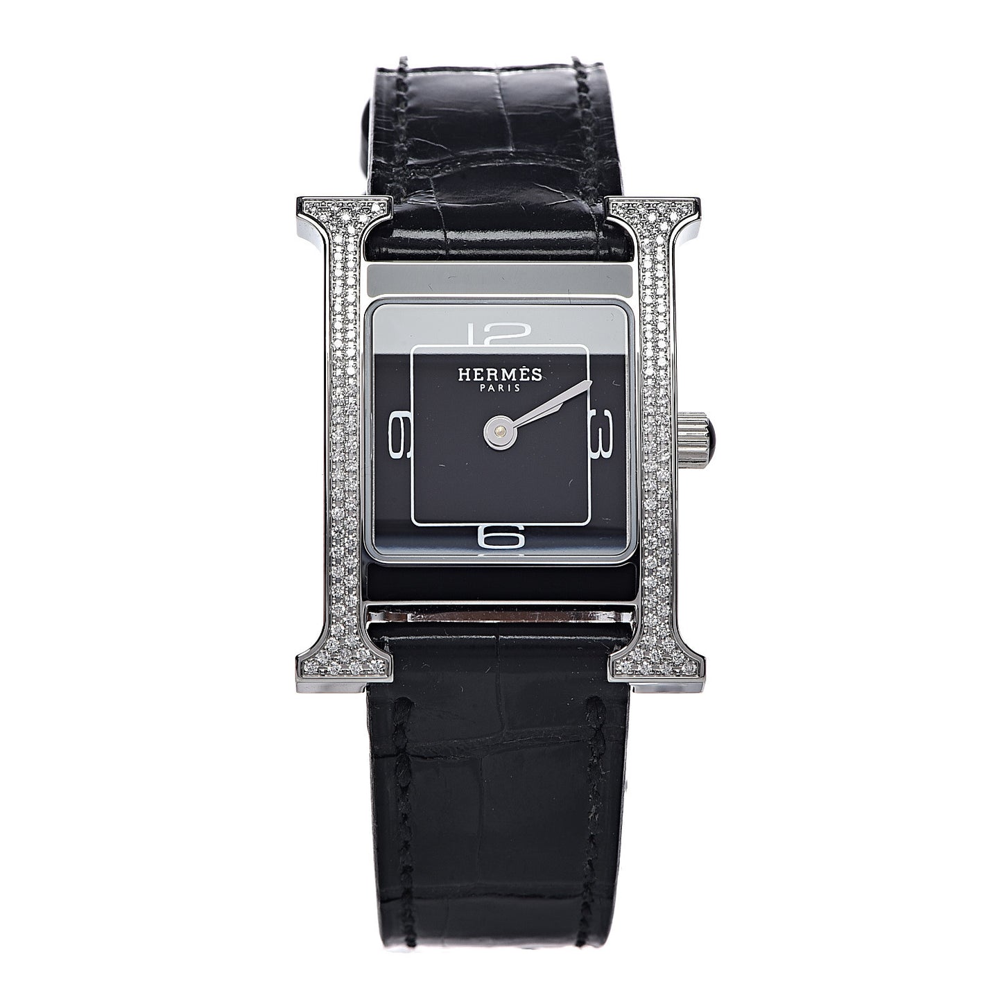 Stainless Steel Alligator Diamond Lacquer 21mm Heure H Hour Double Jeu Quartz Watch Noir