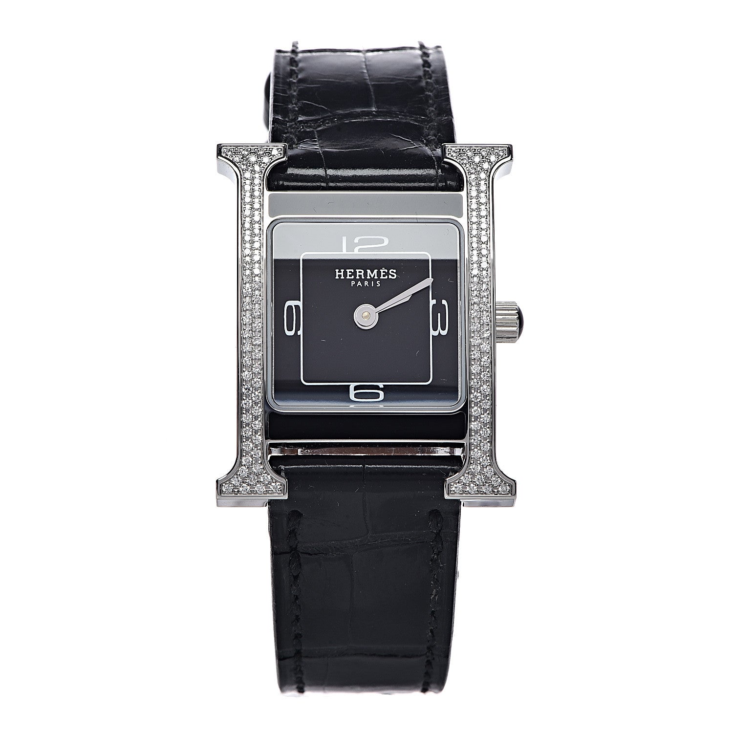 Hermes Stainless Steel Alligator Diamond Lacquer 21mm Heure H Hour Double Jeu Quartz Watch Noir 1 of 10