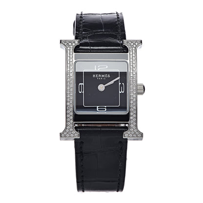 Hermes Stainless Steel Alligator Diamond Lacquer 21mm Heure H Hour Double Jeu Quartz Watch Noir 1 of 10