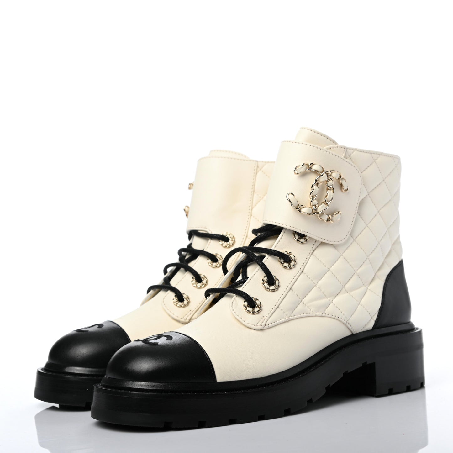 Shiny Goatskin Calfskin Quilted Lace Up Combat Boots 39 White Black