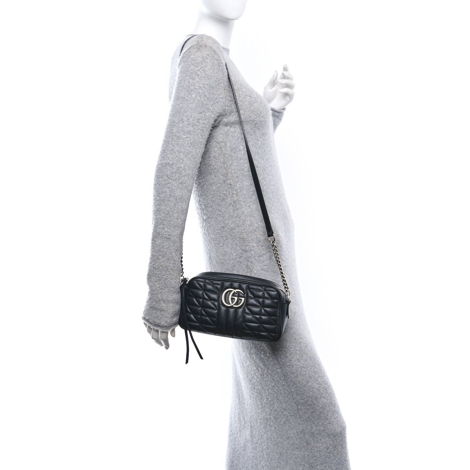 Gucci Calfskin Matelasse Aria Small GG Marmont Chain Shoulder Bag Black 2 of 10