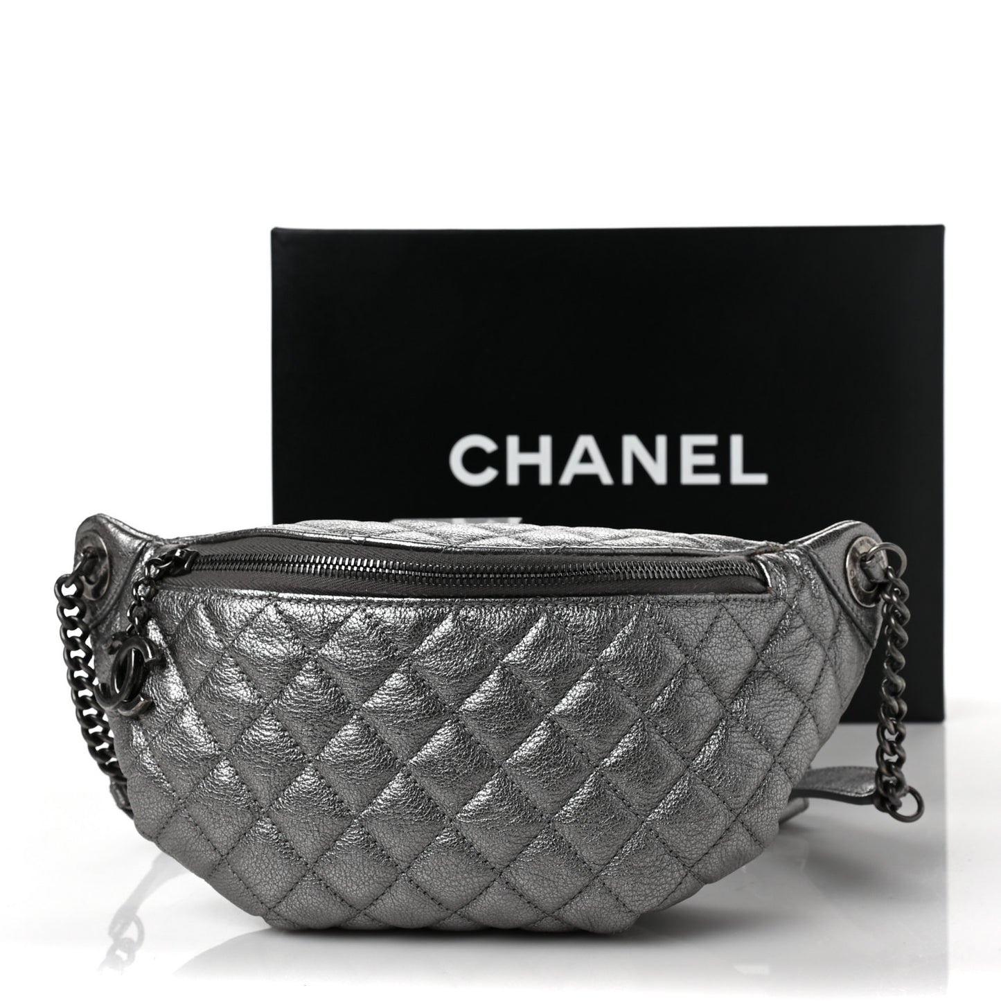 Metallic Calfskin Quilted Banane Waist Bag Fanny Pack Silver