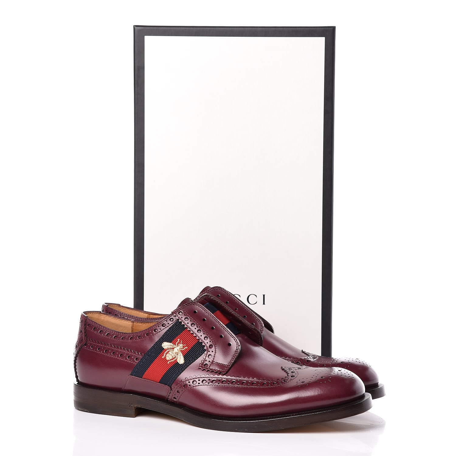 Gucci Calfskin Web Bee Embroidered Mens Slip-On Brogue Wingtip Derby Shoes 7.5 Bordeaux 9 of 9