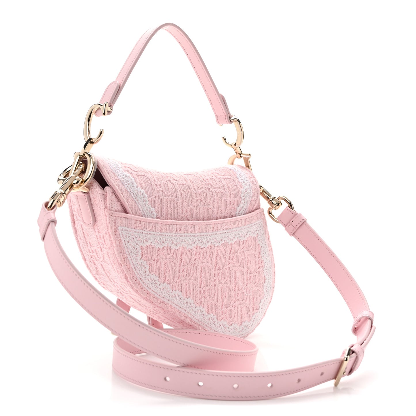Oblique Embroidered Lace Dioramour Small Saddle Bag With Strap Soupir Pink White