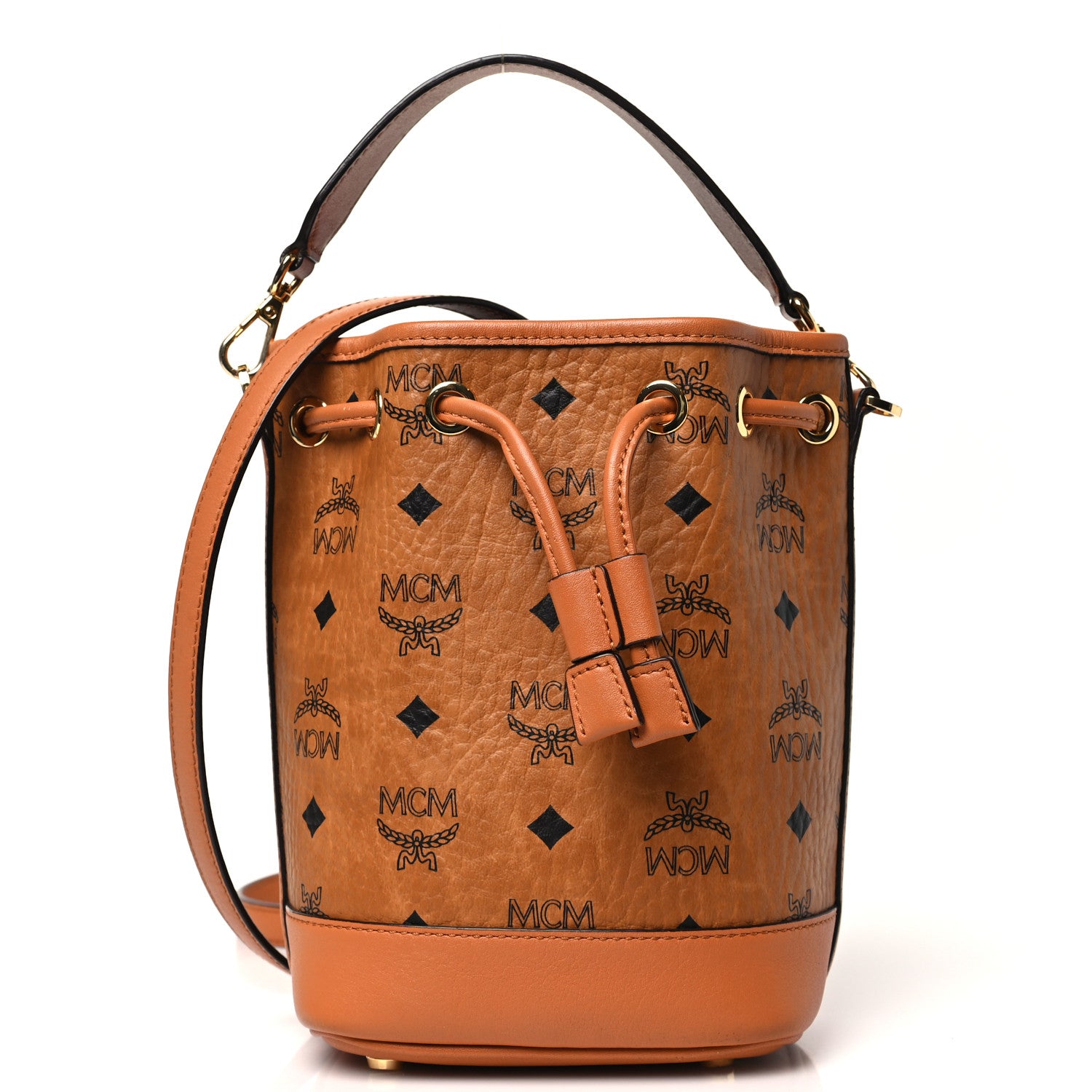 MCM Visetos Mini Dessau Drawstring Bucket Bag Cognac 1 of 8