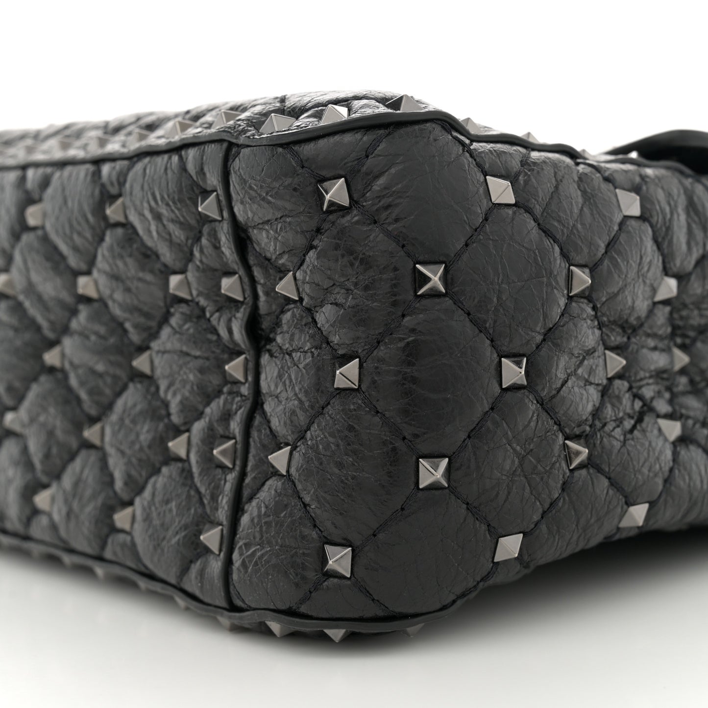 Craquele Nappa Large Rockstud Spike Shoulder Bag Black