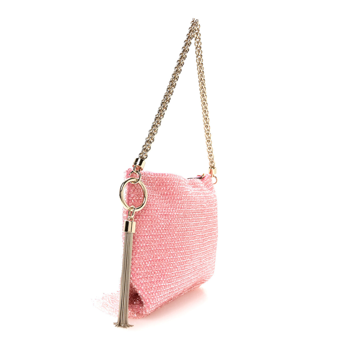Jimmy Choo Satin Bead Embellished Callie Fringe Tassel Chain Evening Bag Pink 3 of 10