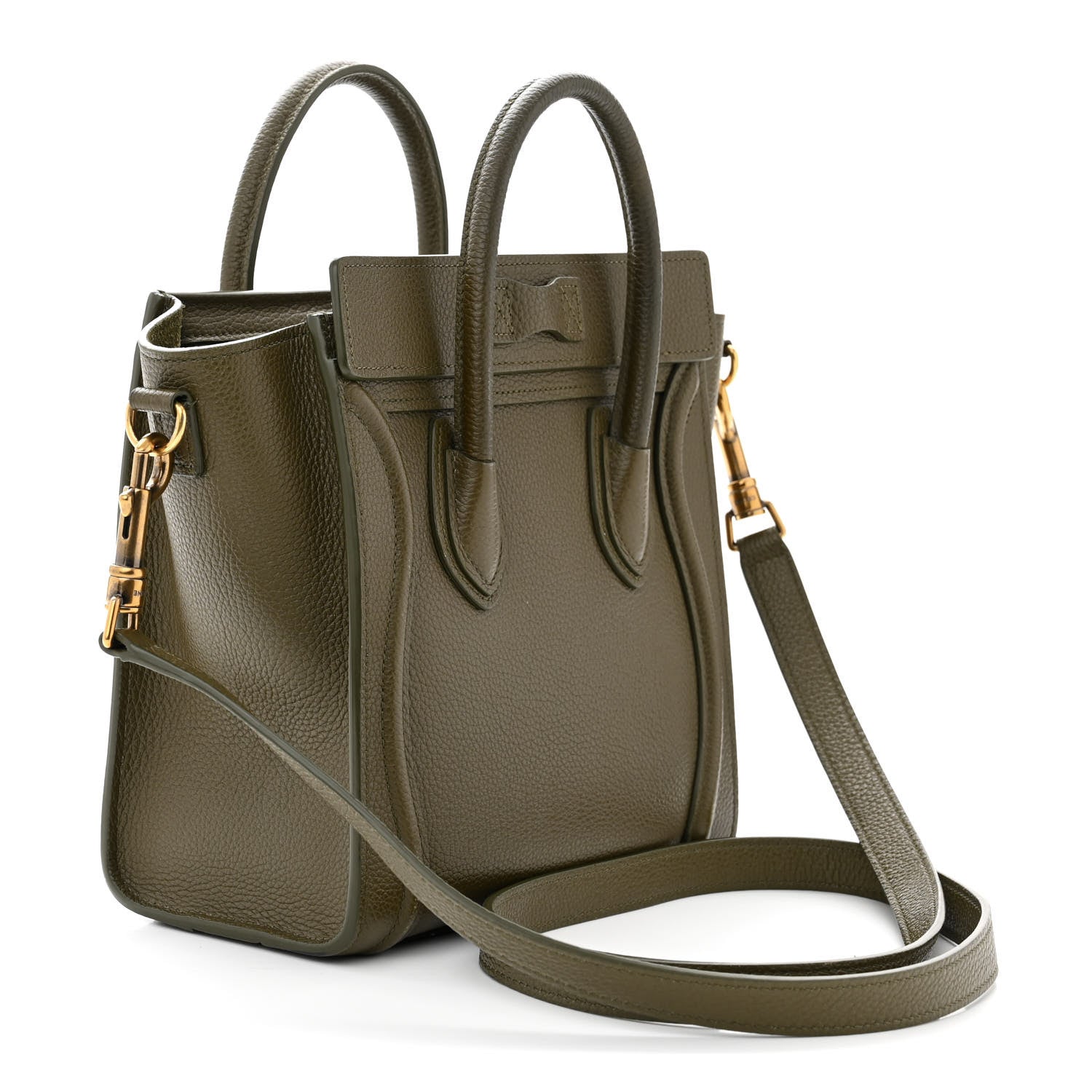 Celine Drummed Calfskin Nano Luggage Dark Olive 3 of 13