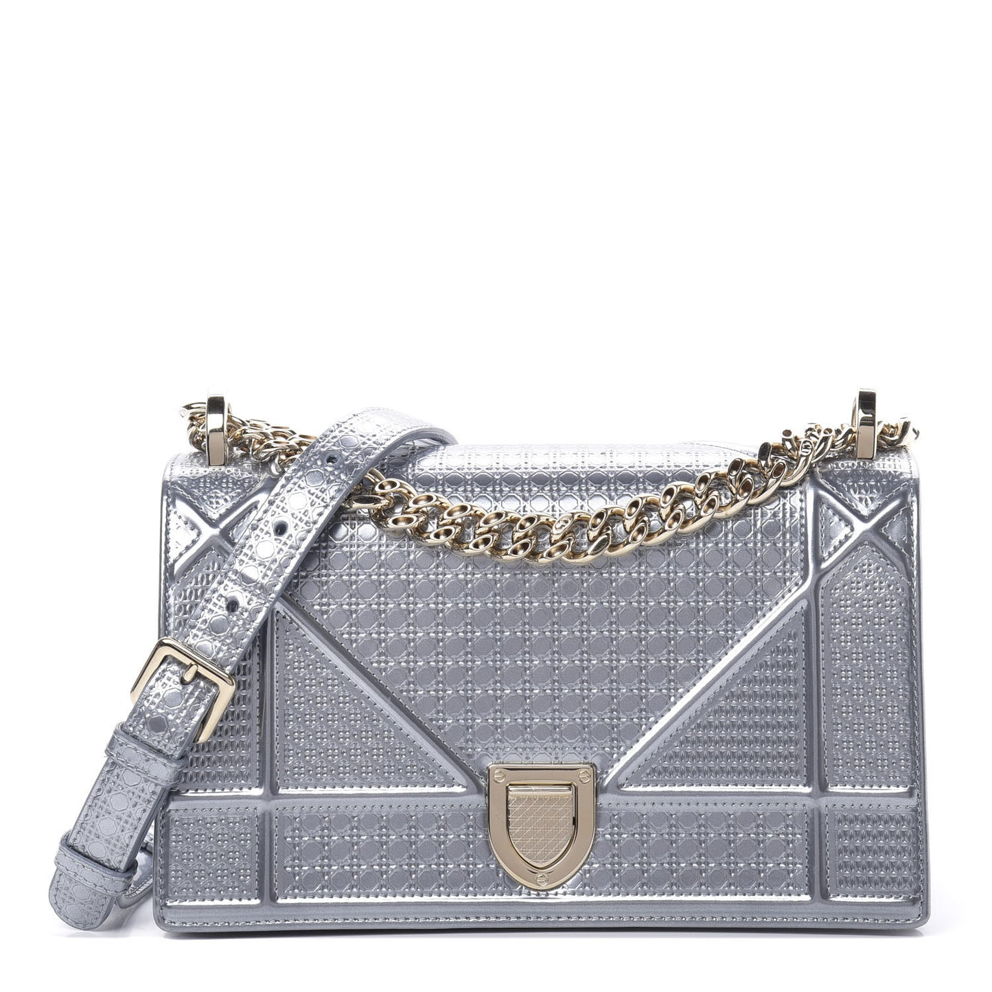 Metallic Patent Micro-Cannage Small Diorama Flap Bag Silver