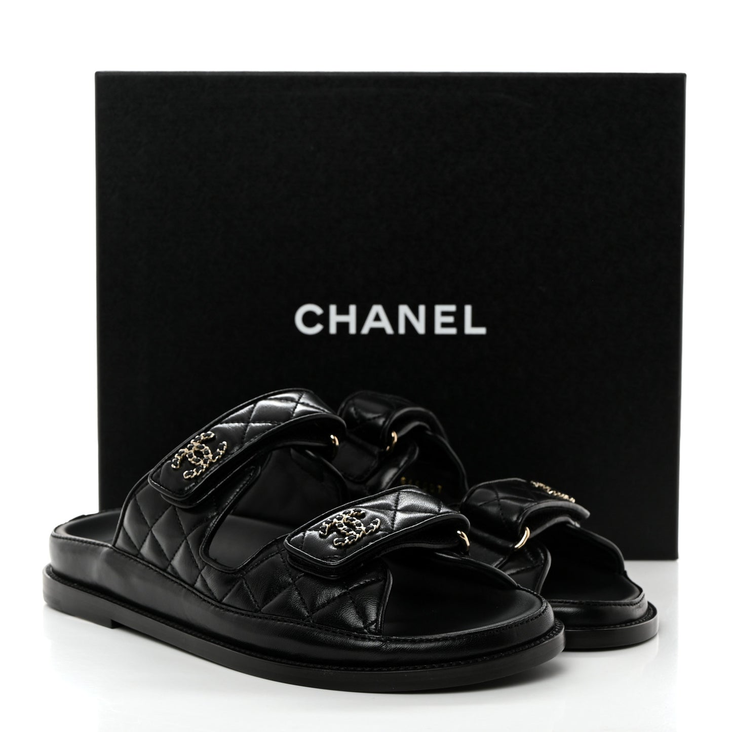 Lambskin Quilted Velcro Dad Chain CC Slide Sandals 39 Black