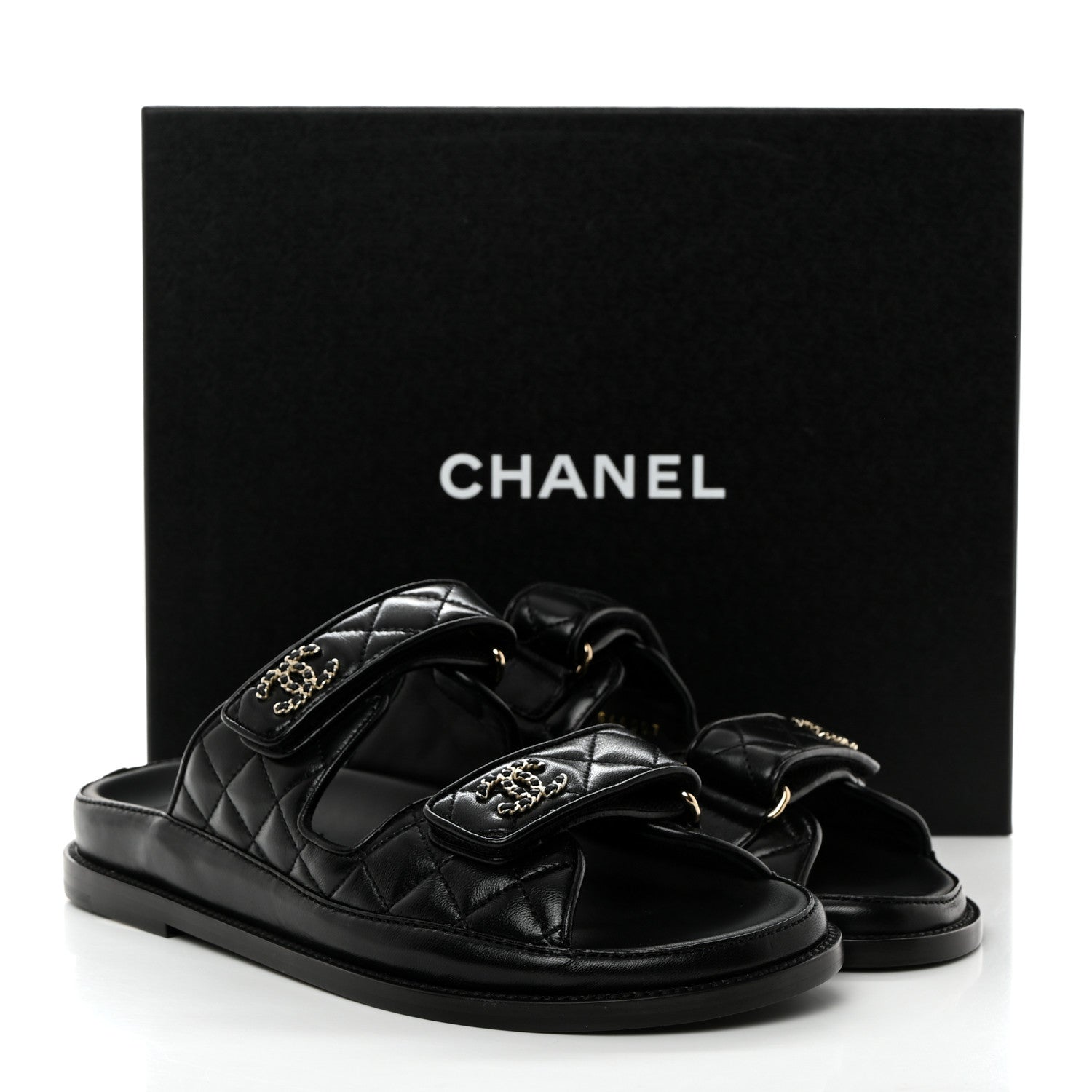 Chanel Lambskin Quilted Velcro Dad Chain CC Slide Sandals 39 Black 9 of 9