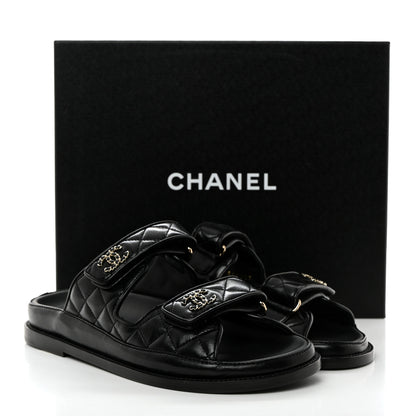 Chanel Lambskin Quilted Velcro Dad Chain CC Slide Sandals 39 Black 9 of 9