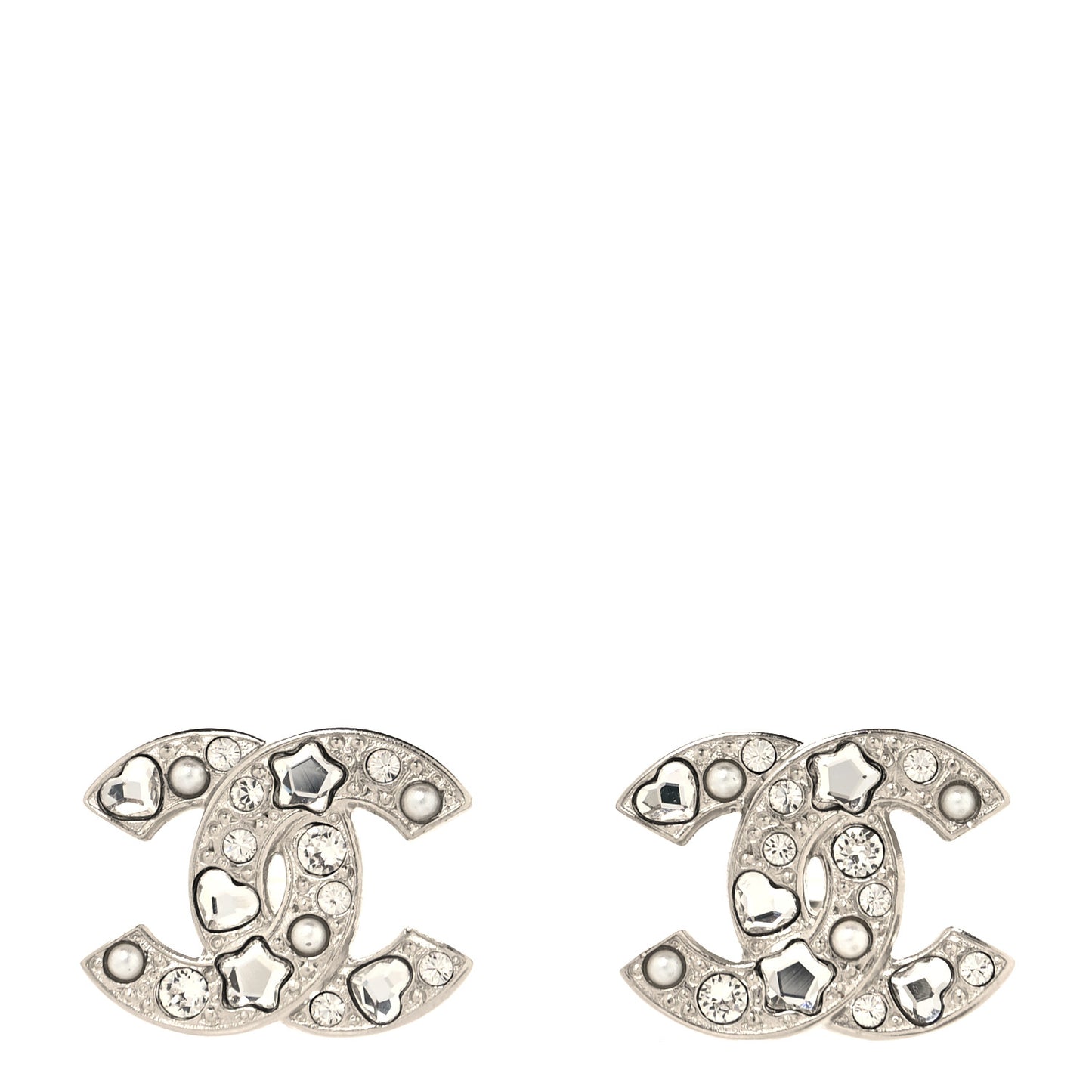 Crystal Pearl Heart CC Clip On Earrings Silver