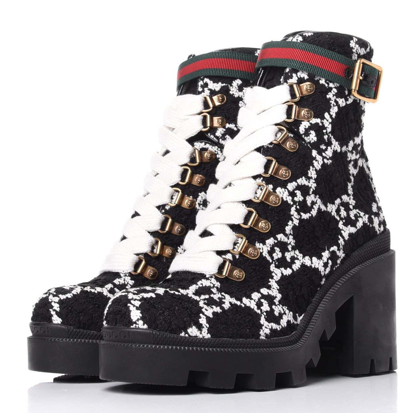 Tweed GG Monogram Lace Up Combat Ankle Boots 36.5 Black