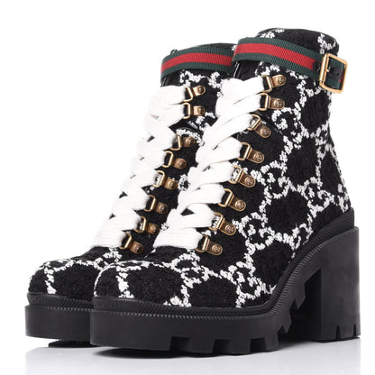 Gucci Tweed GG Monogram Lace Up Combat Ankle Boots 36.5 Black 3 of 11