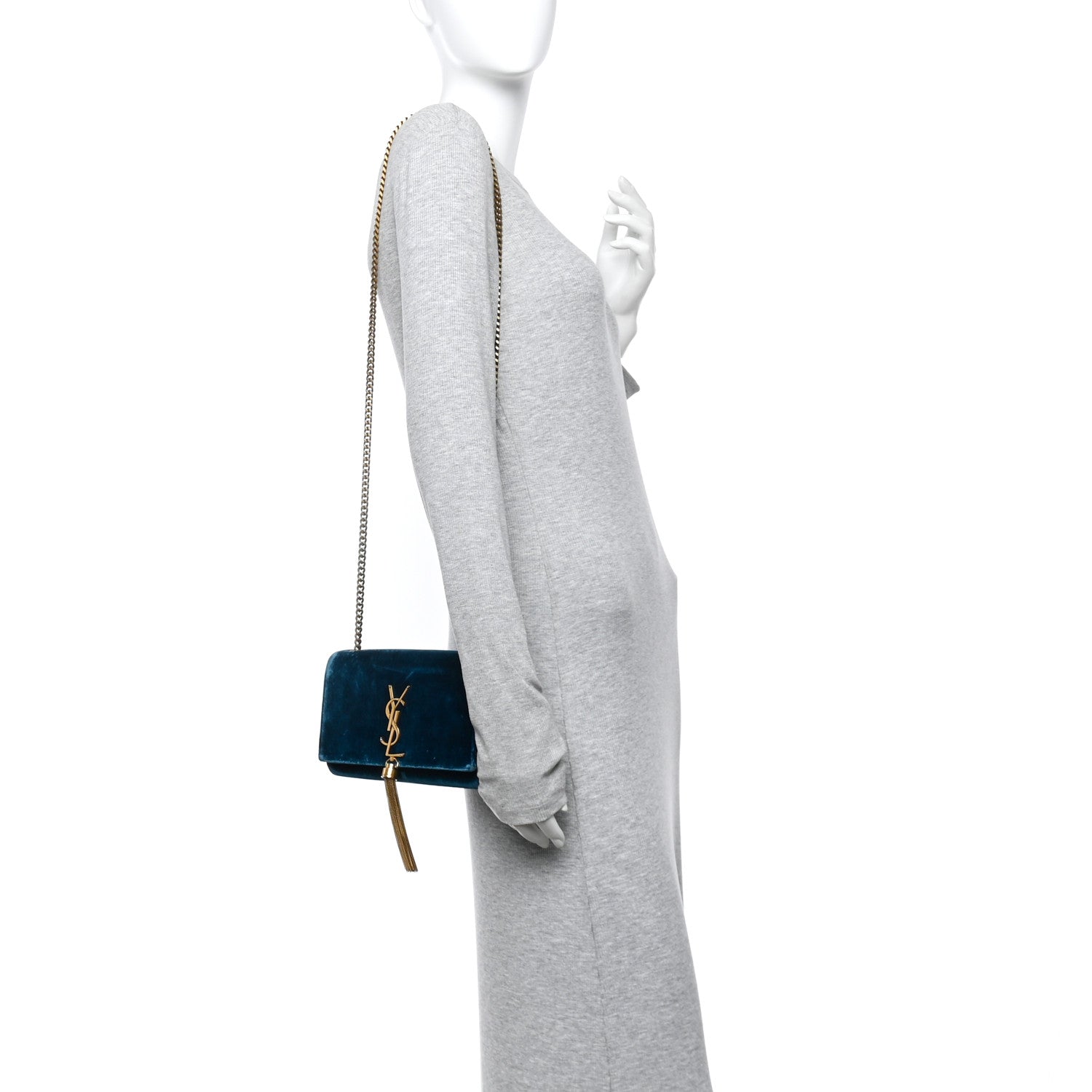 Saint Laurent Velvet Small Classic Monogram Kate Tassel Satchel Blue 2 of 21