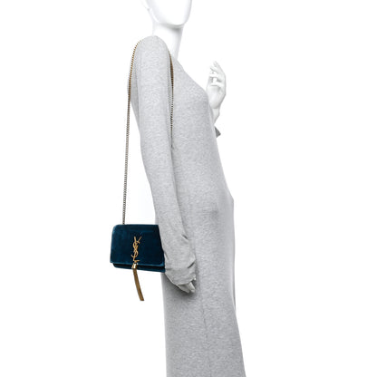 Saint Laurent Velvet Small Classic Monogram Kate Tassel Satchel Blue 2 of 21