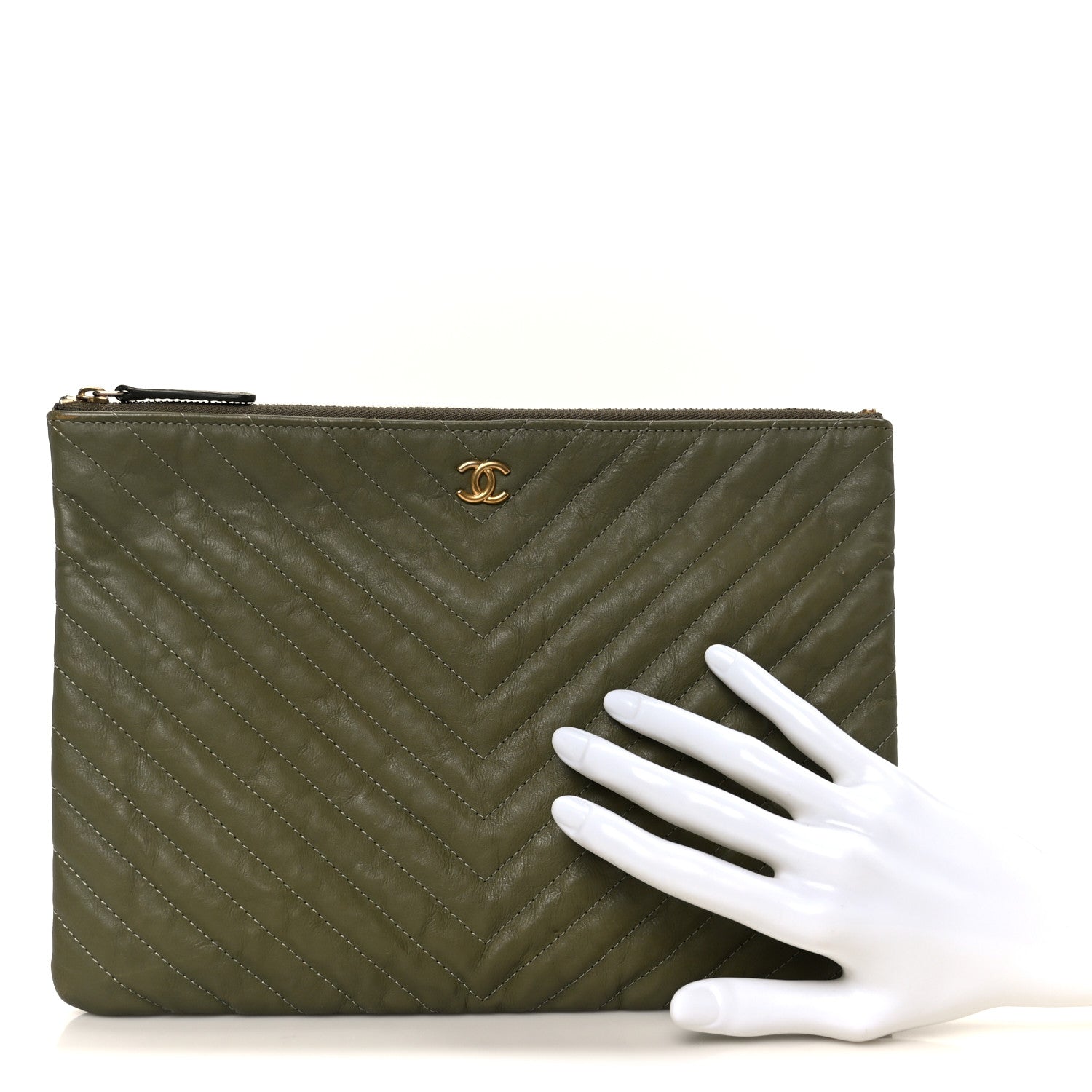 Chanel Calfskin Chevron Quilted Medium Cosmetic Case Khaki 2 of 8
