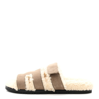 Hermes Suede Goatskin Woolskin Womens Chypre Sandals 38.5 Etoupe 1 of 8