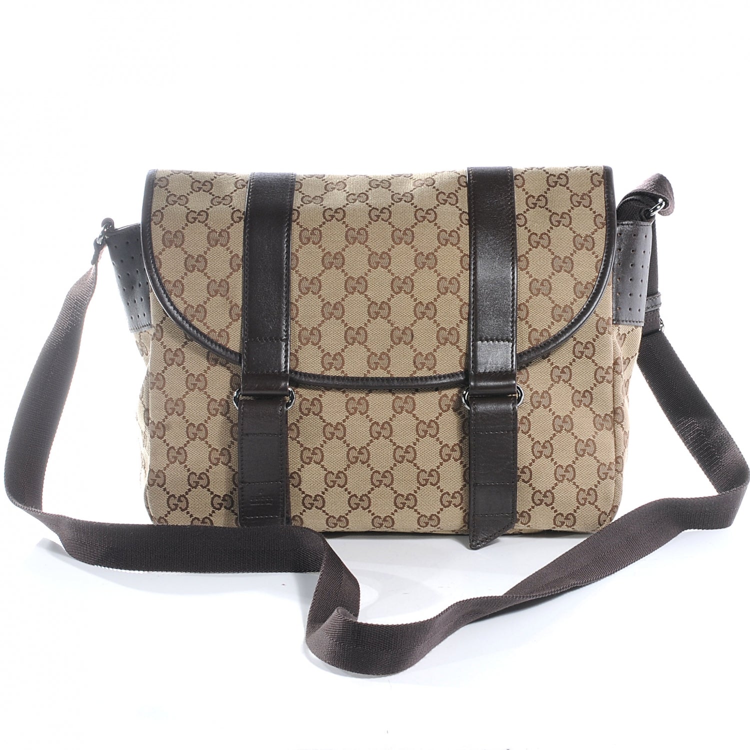 Gucci Monogram Medium Double Buckle Flap Messenger Bag Beige Dark Brown 1 of 8
