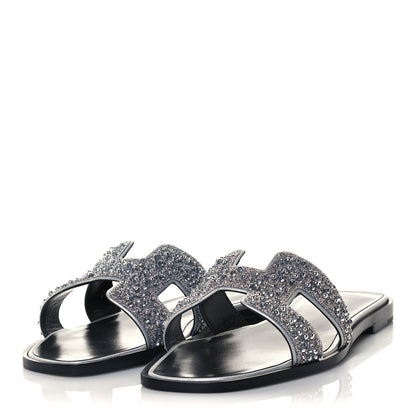 Hermes Velvet Goatskin Crystal Beads Oran Sandals 39.5 Gris Argente 3 of 11