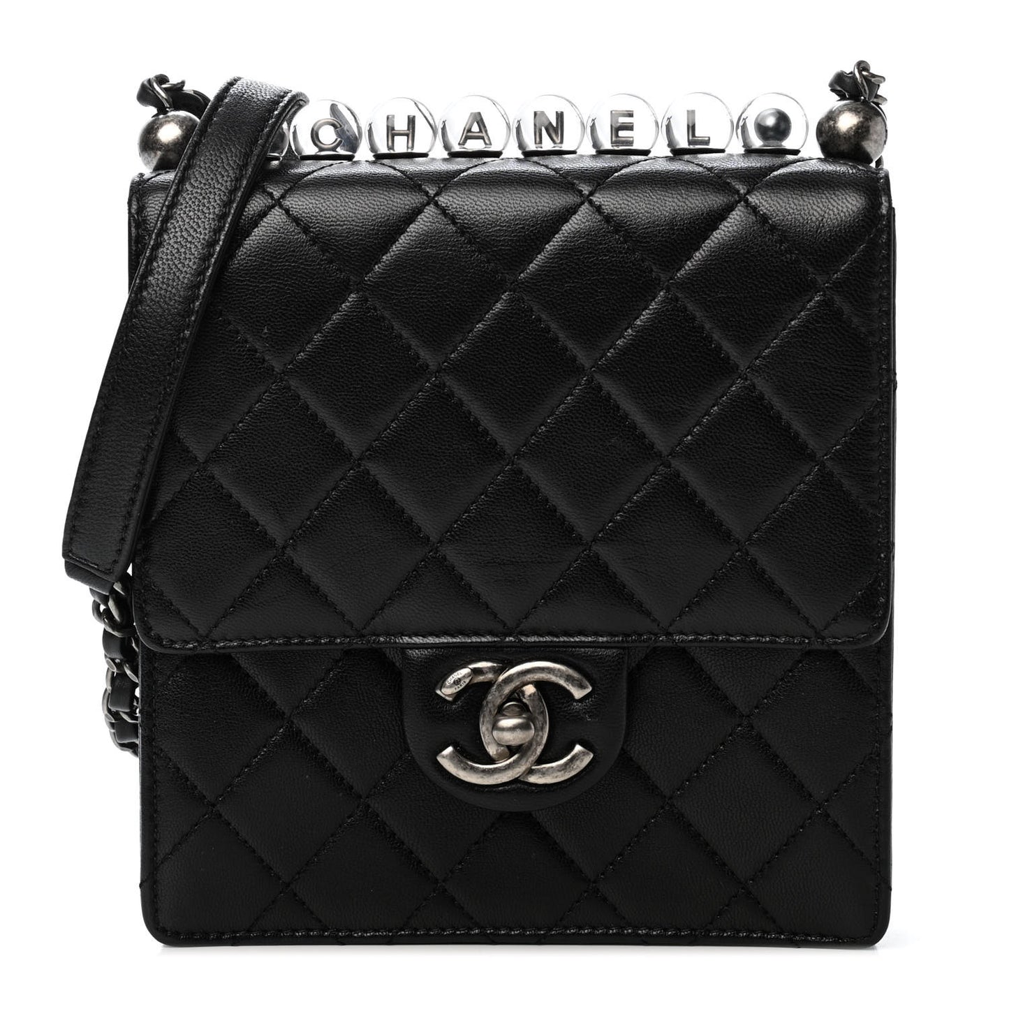 Goatskin Quilted Chic Pearls Flap Black