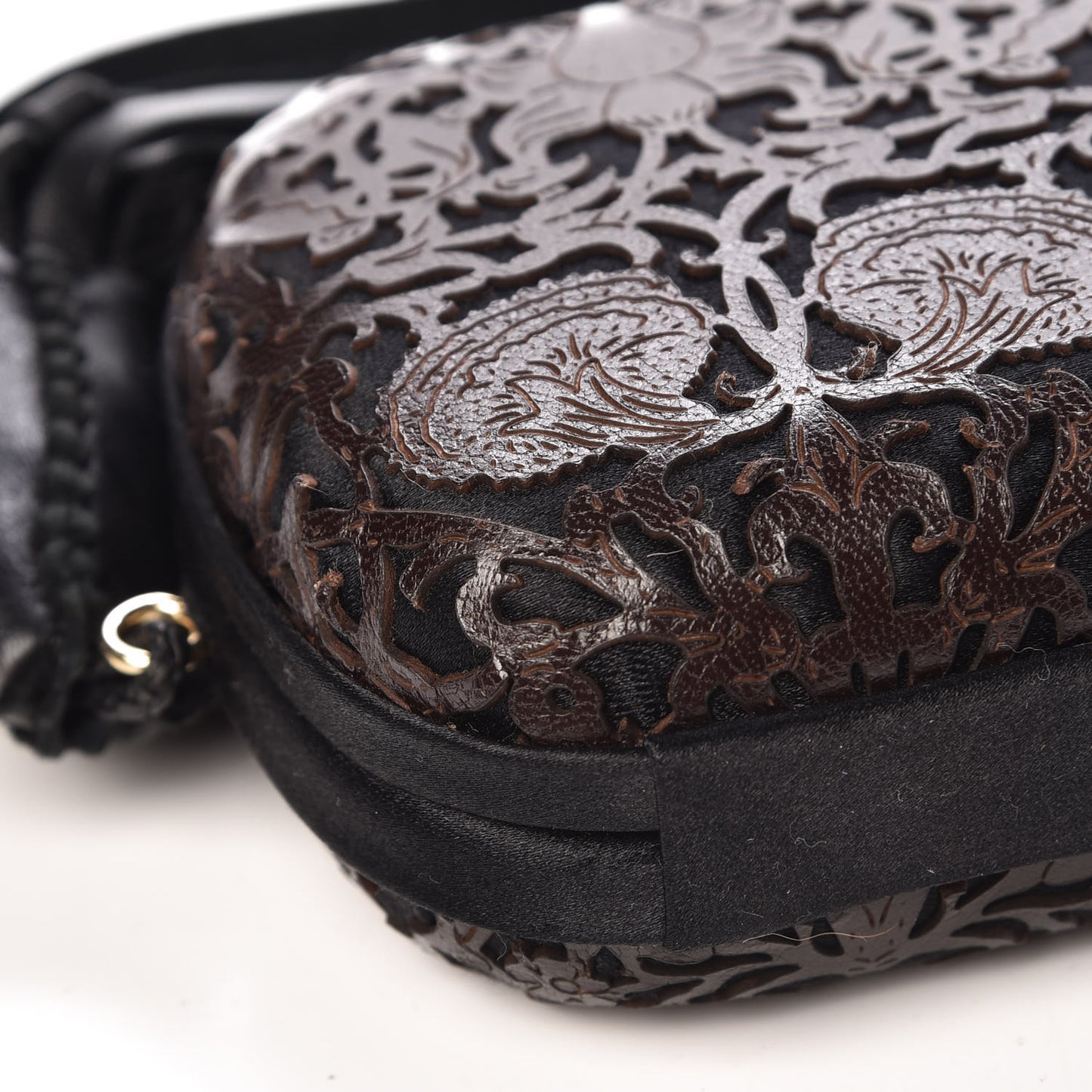 Satin Calfskin Floral Lace Tassel Knot Clutch Brown