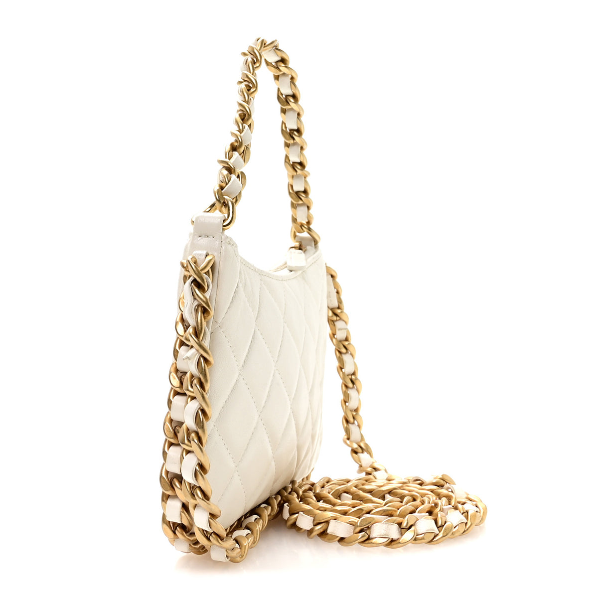 Shiny Crumpled Lambskin Quilted Trendy Chain Around Hobo White