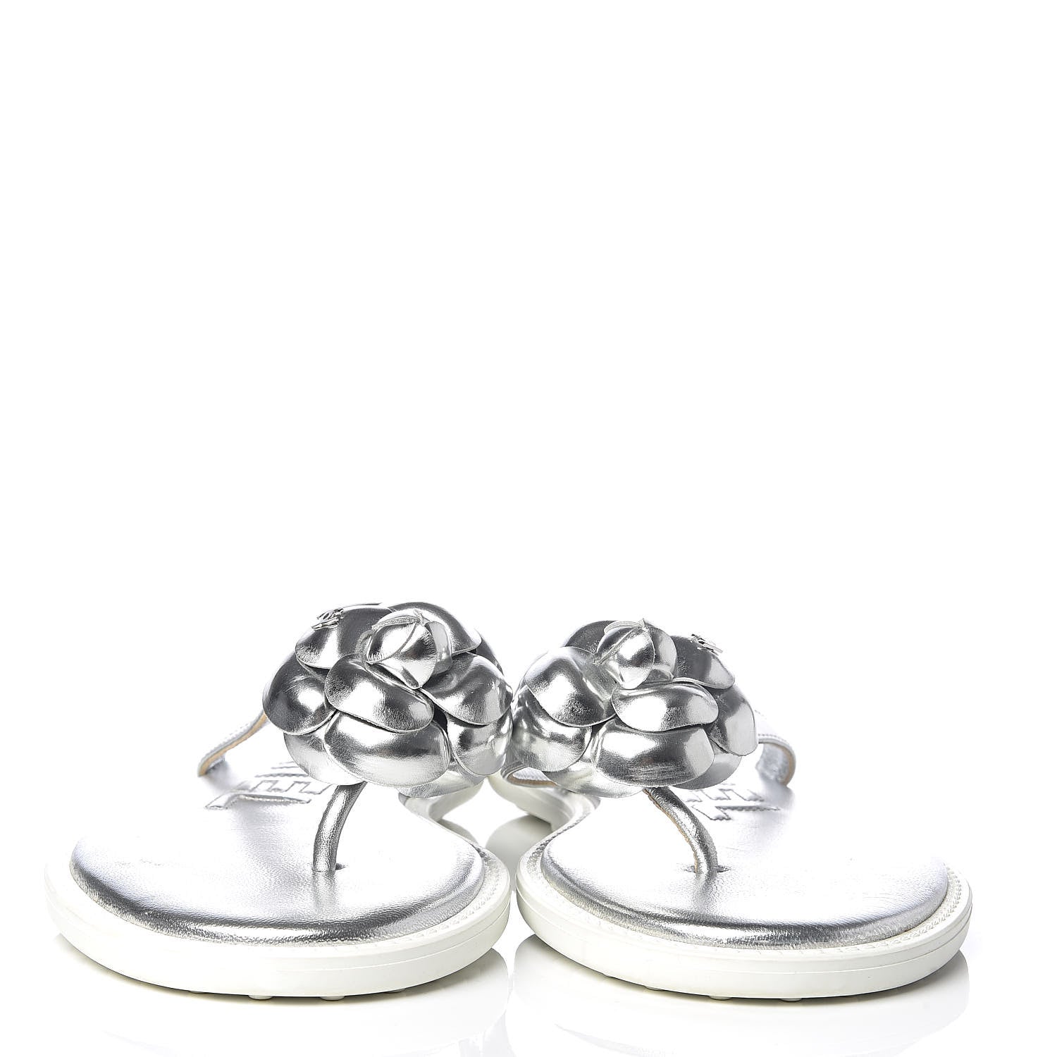 Chanel Iridescent Patent Calfskin Camellia Thong Sandals 41 Silver 2 of 8