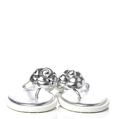 Chanel Iridescent Patent Calfskin Camellia Thong Sandals 41 Silver 2 of 8