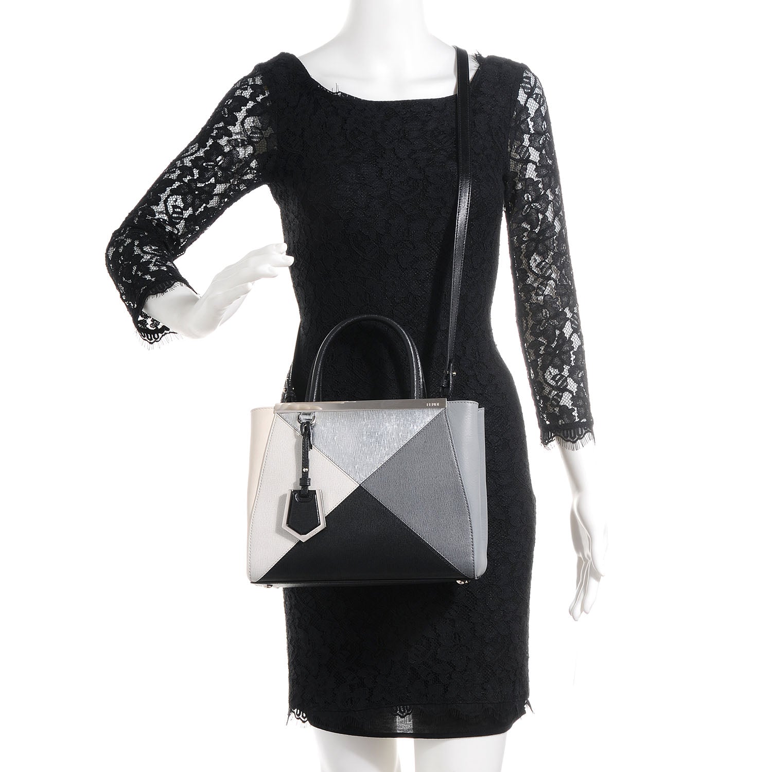 Fendi Vitello Elite Calfskin Colorblock Petite 2Jours Tote Black Multicolor White Argento 2 of 8