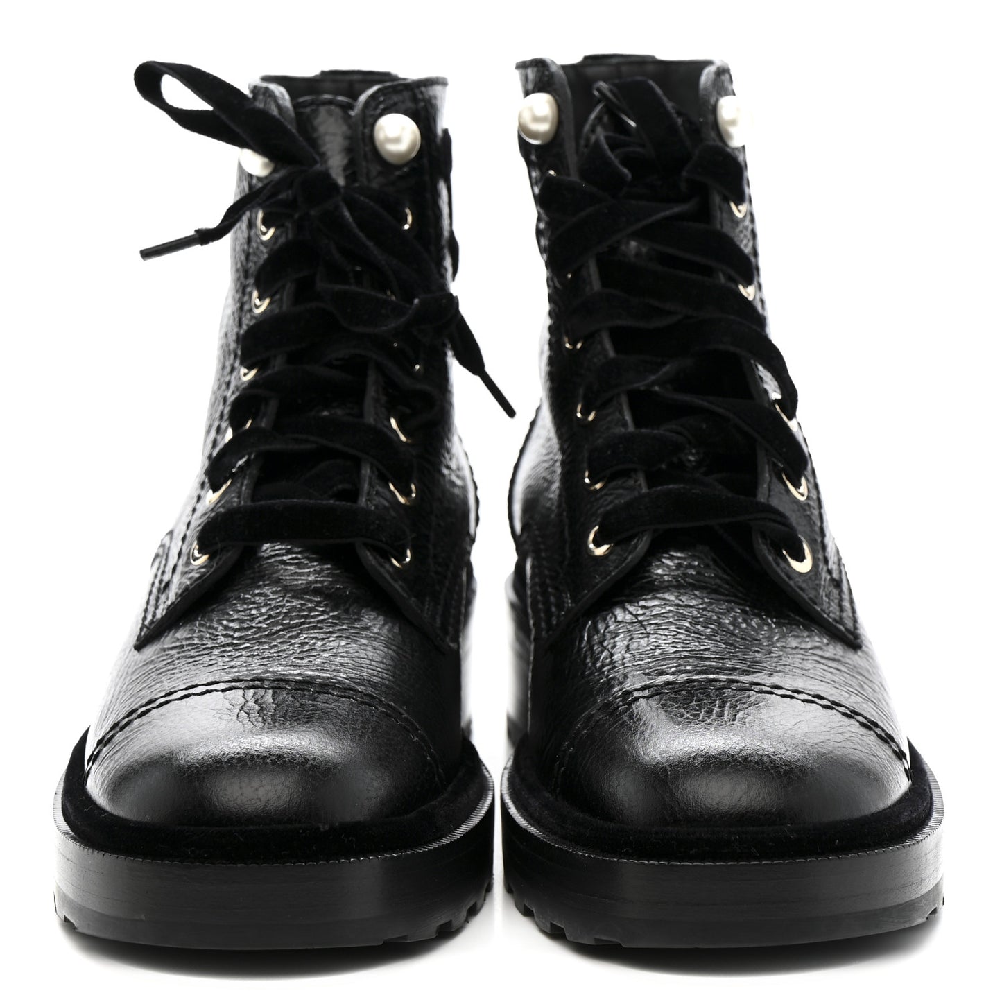 Shiny Calfskin Velvet Pearl Combat Short Boots 38 Black