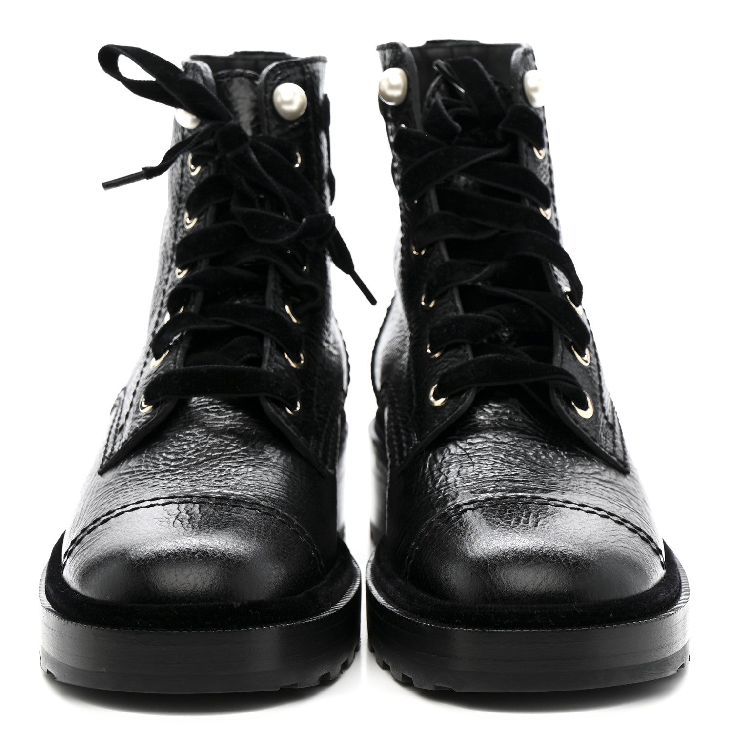 Chanel Shiny Calfskin Velvet Pearl Combat Short Boots 38 Black 5 of 10