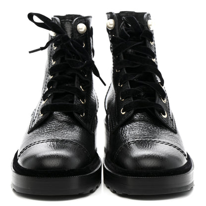 Chanel Shiny Calfskin Velvet Pearl Combat Short Boots 38 Black 5 of 10