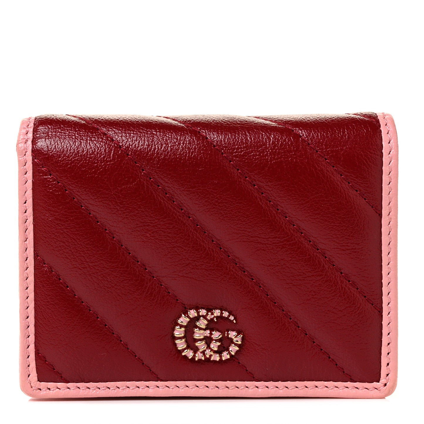 Azalea Calfskin Enamel Matelasse Diagonal Torchon GG Marmont Card Case New Cherry Red Wild Rose