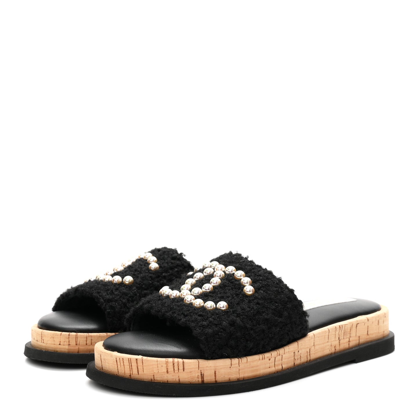 Fabric Pearl Cork CC Slip On Sandals 38 Black