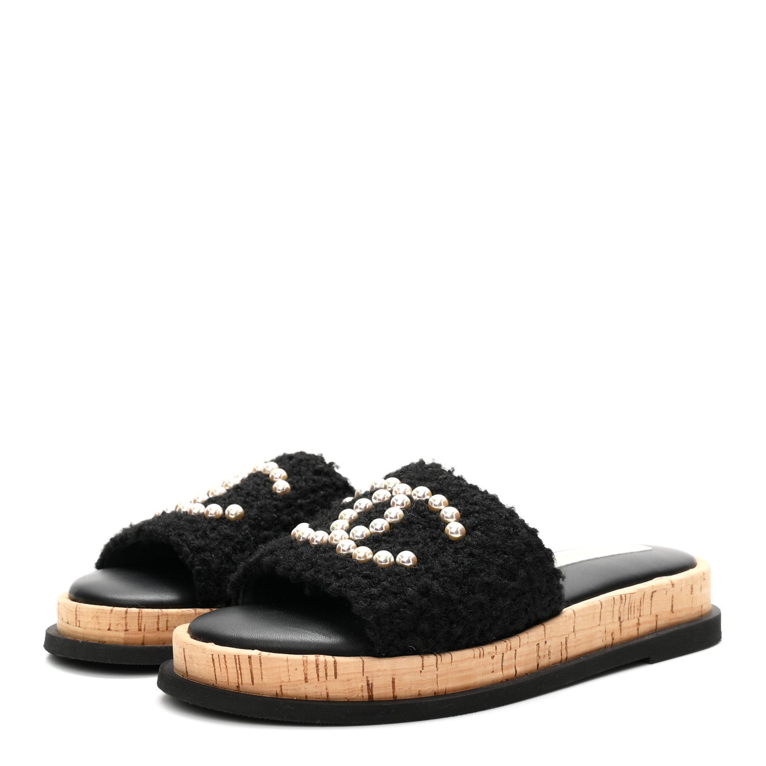 Chanel Fabric Pearl Cork CC Slip On Sandals 38 Black 4 of 10