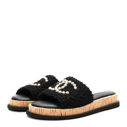 Chanel Fabric Pearl Cork CC Slip On Sandals 38 Black 4 of 10
